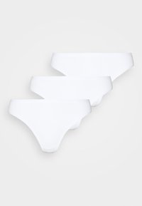 Three white bikini briefs with a smooth texture and a low-rise design, featuring a soft elastic waistband and minimal stitching.