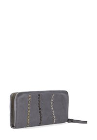 Gray leather wallet with a zip closure, featuring vertical rows of decorative studs in metallic tones on the front. Smooth texture, rectangular shape.