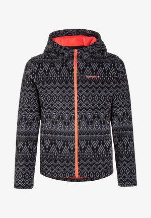 Černá a šedá vzorovaná bunda s kapucí, s oranžovým zipem a podšívkou, vyrobená z fleece materiálu pro tepelnou izolaci.