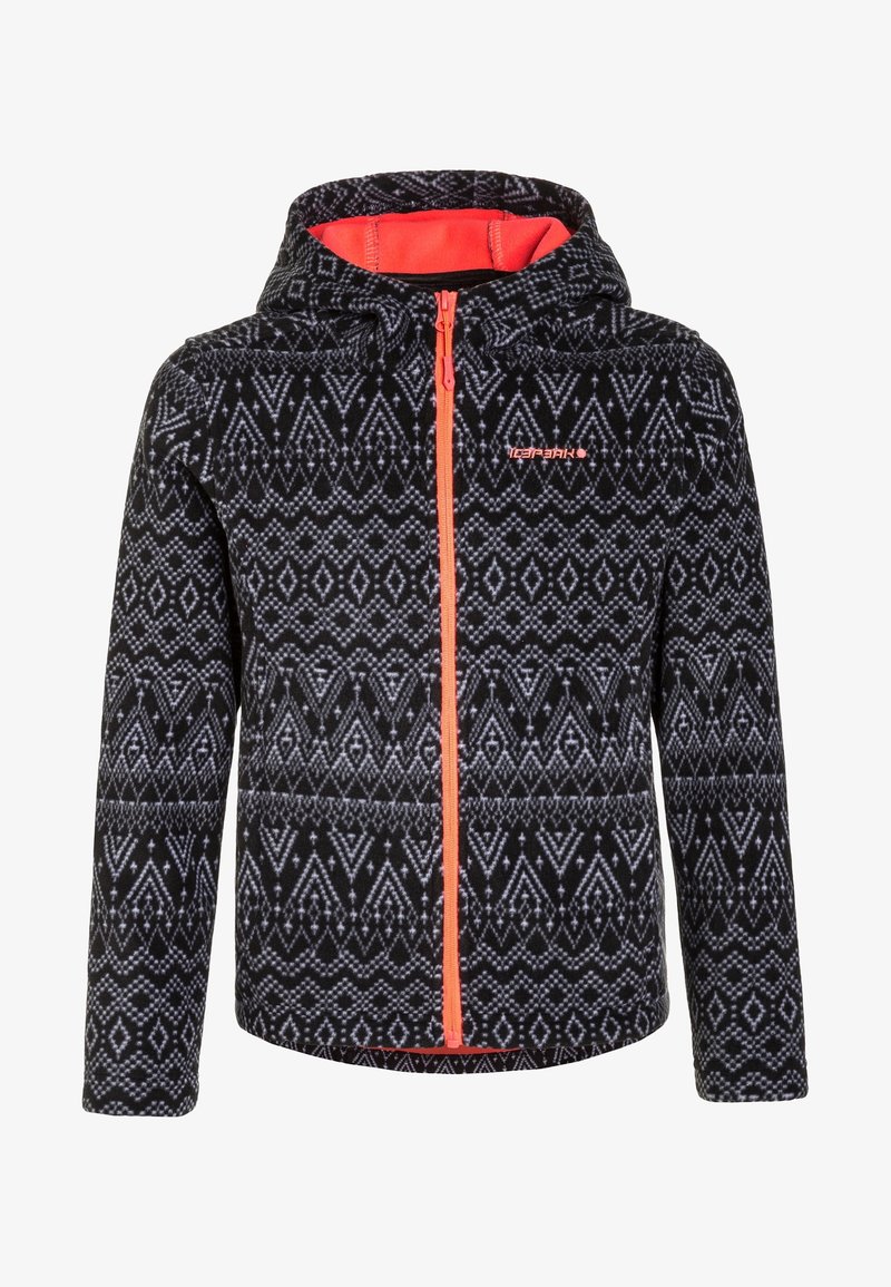 Giacca a motivi neri e grigi con cappuccio, dotata di una zip e una fodera arancioni, realizzata in materiale fleece per garantire calore.