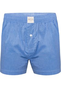 Shorts en coton bleu clair avec une texture lisse, dotés d'une fermeture à bouton à l'avant et d'une taille élastique standard.