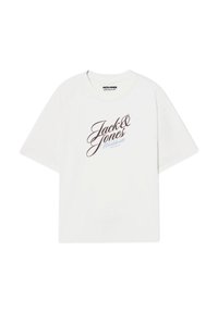 White cotton t-shirt featuring short sleeves, a round neckline, and a central graphic in brown and light blue reading "Jack & Jones Worldwide."