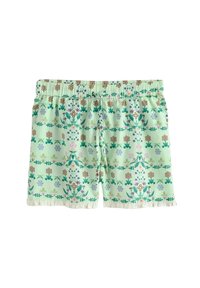 Vaaleanvihreät shortsit, joissa monivärinen kukkakuosi, joustava vyötärönauha, kiristysnaru ja valkoinen röyhelöreuna helmassa.