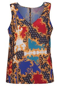 Ärmlös topp med V-ringning gjord av silkesliknande tyg, med ett färgglatt barockmönster i röd, blå, gul och svart accent.