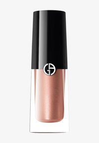 Lippen Gloss in einem klaren rechteckigen Röhrchen mit schwarzem Deckel, rose-gold schimmernder Farbe und silbernem, kreisförmigem 'GA'-Logo auf dem Deckel.
