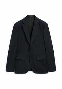 Dunkelblaues Blazer, strukturiertes Design, einreihig mit zwei Knöpfen, mit Reverskragen, zwei vorderen Taschen und dezenten vertikalen Streifen.