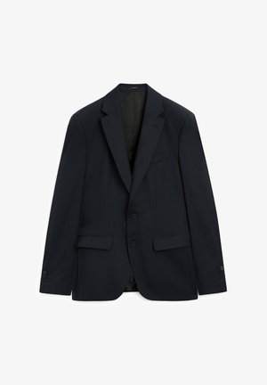 Donker marineblauwe blazer, gestructureerd ontwerp, enkelzijdig met twee knopen, notch revers, twee voorkruiszakken en subtiele verticale streepjes.