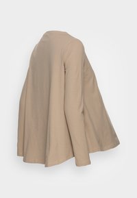 Beige langärmliges Oberteil mit lockerem Schnitt, gerundetem Ausschnitt und drapiertem Stoff. Glatte Textur ohne sichtbare Muster oder Metallteile.