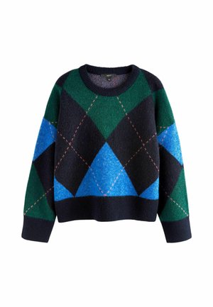 Grüner, marineblauer und blauer Wollpullover mit einem Argyle-Muster und pinken Akzenten. Rundhalsausschnitt und lange Ärmel; weiche Textur.