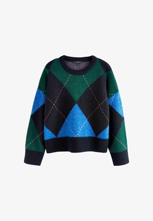Grøn, marineblå og blå uldtrøje med et argyle mønster med lyserøde accenter. Rund hals og lange ærmer; blød tekstur.