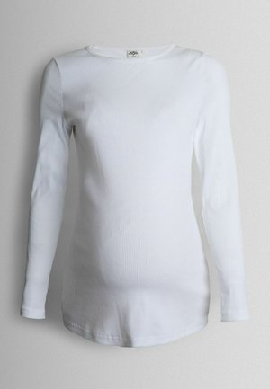 Pitkähihainen, valkoinen ribbitekstiili, jossa on pyöreä pääntie ja tiukka siluetti, valmistettu pehmeästä kankaasta, jossa on sileä rakenne.