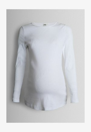 Pitkähihainen, valkoinen ribbitekstiili, jossa on pyöreä pääntie ja tiukka siluetti, valmistettu pehmeästä kankaasta, jossa on sileä rakenne.