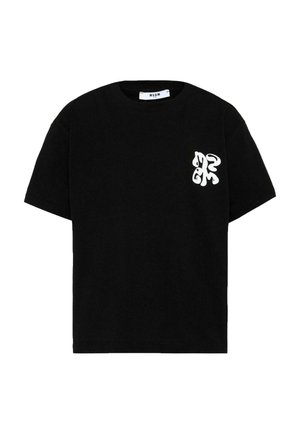 Czarny T-shirt z krótkim rękawem, z białym abstrakcyjnym logo na lewej piersi; prosty design, bez innych widocznych grafik ani wzorów.