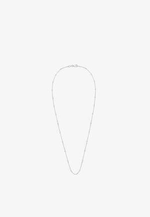 Sølv halskæde med en forlænget kæde med små runde perler, en krebseklips og en glat, poleret finish.