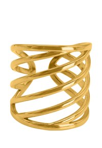 Gouden spiral ring met meerdere gedraaide banden en een gepolijste afwerking. Het ontwerp is open en heeft een lichte uitstraling.