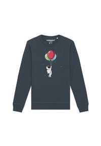 Marine blauwe sweater met een grafisch ontwerp van een astronaut die rode, groene en blauwe ballonnen vasthoudt tegen een sterrenachtige achtergrond. Zacht katoenmateriaal.