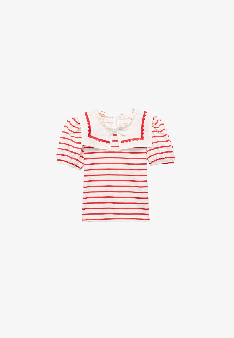 Red and white striped top with puff sleeves, a scalloped collar, and a small bow detail at the neckline. Cotton material.