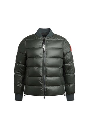 Donkergroen gewatteerde jas met een ritssluiting aan de voorkant, ribgebreide manchetten en een logo op de rits. Beschikt over een gladde, glanzende textuur en een horizontaal baffle ontwerp.