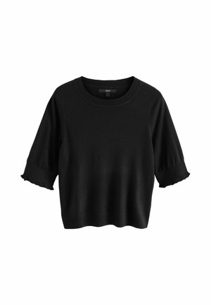 Lühike must sviiter, millel on ümar kaelus ja lühikesed volangkäised. Valmistatud kudumiskangast, millel on sile tekstuur ja veidi lühendatud disain.