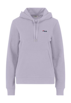 Paarse hoodie van zacht materiaal met een voorku pocket, capuchon met trekkoord en het Fila-logo op de borst. Geribbelde manchetten en zoom.