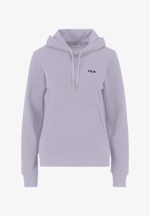 Lila Kapuzenpullover aus weichem Stoff mit einer Fronttasche, Kordelzugkapuze und Fila-Logo auf der Brust. Gerippte Bündchen und Saum.