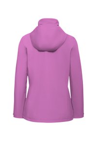 Roze gewatteerd jack met capuchon en lange mouwen, gladde textuur en eenvoudig ontwerp. Heeft een capuchon en een rechte zoom.