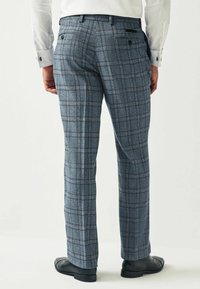 Grau karierte Hose aus strukturiertem Stoff, mit einem klassischen Karomuster in Blau und Rot, Knöpfen und Gesäßtaschen.