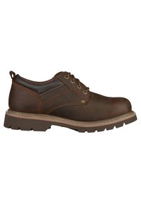 Scarpa in pelle marrone con punta arrotondata, colletto imbottito e cuciture chiare a contrasto. Presenta una suola con forte grip per una buona aderenza.