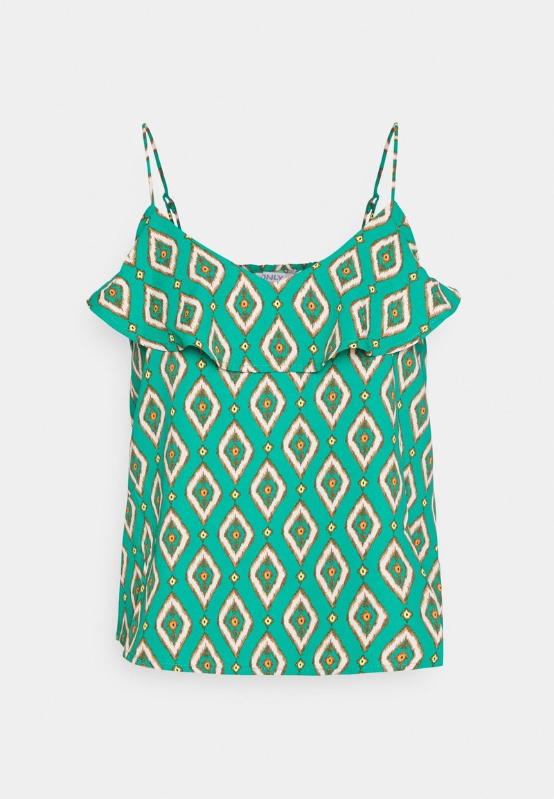 Blouse verte sans manches avec fines bretelles et un col volanté, avec un motif géométrique en losange répétitif en blanc, orange et jaune.