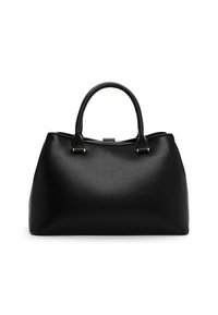 Borsa a mano in pelle nera con una texture liscia, manici superiori arrotondati e dettagli hardware minimi. Presenta una silhouette spaziosa e strutturata.