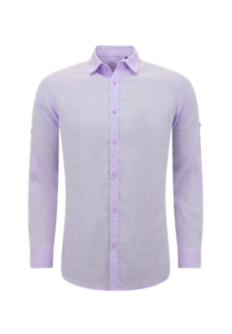 Lichtpaarse blouse met lange mouwen, met knoopsluiting, gemaakt van gestructureerde stof, met een kraag en knoopaccenten op de mouwen.