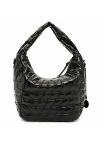Borsa a tracolla nera trapuntata con una maniglia arrotondata distintiva, texture lucida e piccoli punti metallici sulla superficie. Dettaglio della chiusura con zip visibile.