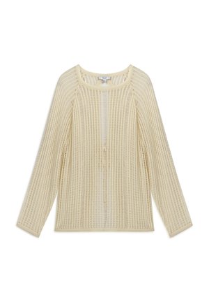 Open-front cardigan in romig beige, met een gestructureerd verticaal ribpatroon, lange mouwen en een ronde halslijn. Lichtgewicht materiaal.