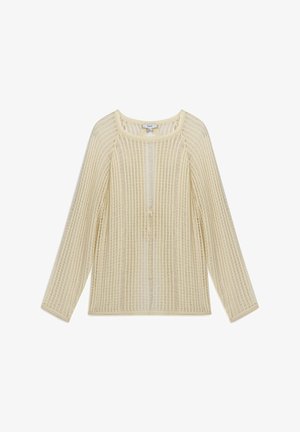 Offener Cardigan in cremigem Beige mit strukturiertem, vertikalen Rippenmuster, langen Ärmeln und rundem Ausschnitt. Leichtes Material.