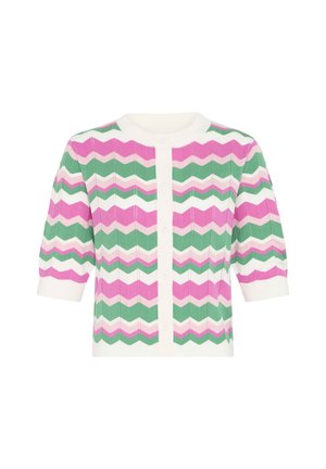 Kortemouwen vest met een chevronpatroon in roze, groen en wit, met een knoopsluiting aan de voorkant en een geribbelde textuur.