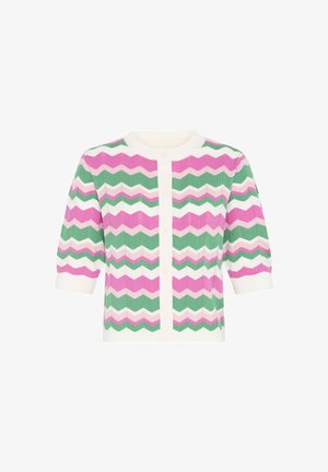 Short-sleeve cardigan featuring a chevron pattern in pink, green, and white, with a button front and ribbed texture.