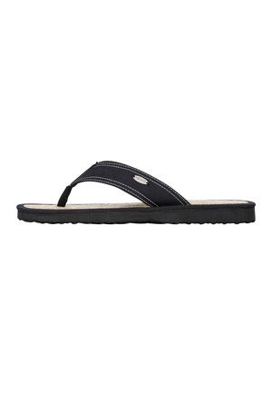 Schwarze Flip-Flop-Sandale mit einer strukturierten Gummisohle, einem gewebten Stoffobermaterial und kontrastierenden weißen Nähten. Verfügt über einen dünnen Zehensteg.