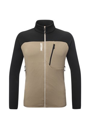 Veste en polaire avec une section supérieure noire et une section inférieure kaki. Caractéristiques : col montant, fermeture éclair sur le devant et poches zippées sur les côtés.