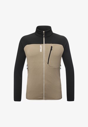 Fleecejacke mit einem schwarzen oberen Abschnitt und einem khakifarbenen unteren Abschnitt. Verfügt über einen hohen Kragen, einen Reißverschluss vorne und Reißverschlusstaschen an den Seiten.