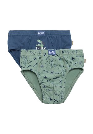Dos pares de calzoncillos para niños: uno azul marino con un gráfico de T-Rex y otro verde oliva con patrones de T-Rex. Ambos son de algodón con cinturillas elásticas.