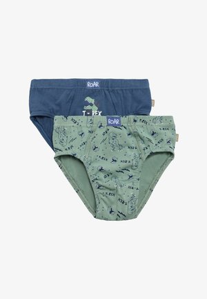 Dos pares de calzoncillos para niños: uno azul marino con un gráfico de T-Rex y otro verde oliva con patrones de T-Rex. Ambos son de algodón con cinturillas elásticas.
