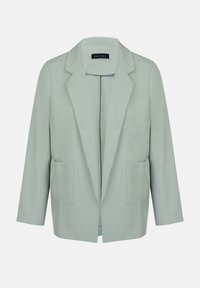 Světle zelený blazer s klopovým límcem, dvěma předními kapsami, otevřeným designem a rukávy do ¾ délky, vyrobený z texturované tkaniny.