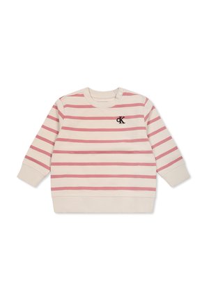 Felpa a righe in crema e rosa, con scollo rotondo, maniche lunghe e un piccolo logo ricamato sul petto. Tessuto morbido.