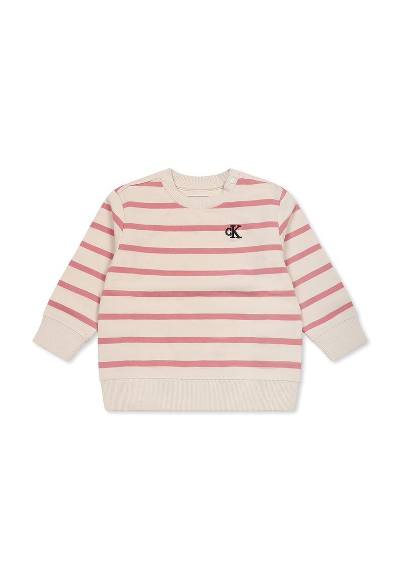 Felpa a righe in crema e rosa, con scollo rotondo, maniche lunghe e un piccolo logo ricamato sul petto. Tessuto morbido.