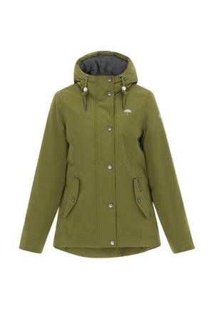 Giacca impermeabile verde con zip e chiusura a pressione frontale, cappuccio regolabile con lacci, due tasche frontali e un morbido rivestimento grigio.