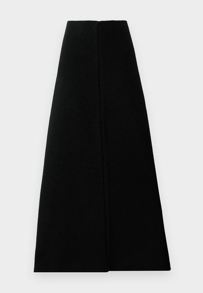 Svart ullskjørt med en strukturert design, som har en glatt tekstur og rene linjer. Mid-length, A-line form, ingen synlige lukkinger.