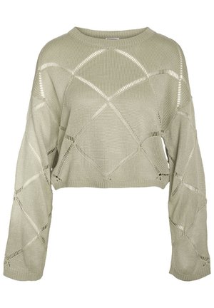 Pull cropped vert clair avec une coupe décontractée, doté de motifs en forme de losange, de poignets côtelés et d'un tissu tricoté texturé.