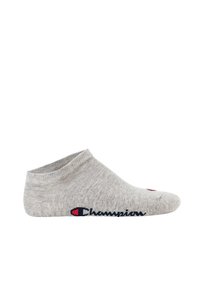 Graue Knöchelsocke aus weichem Material, mit geripptem Bündchen, rotem Kreisakzent und maritimen "Champion"-Logo an der Seite.