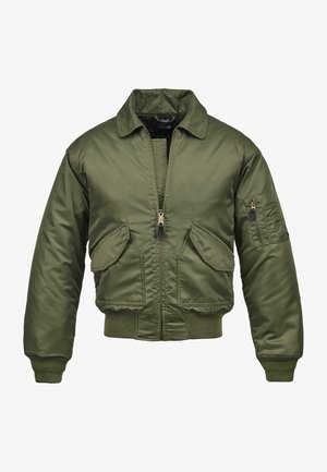Olivgrüne Bomberjacke aus Nylonmaterial, mit Reißverschluss, gerippten Bündchen und Saum, zwei Fronttaschen und einer aufgesetzten Tasche am Ärmel.