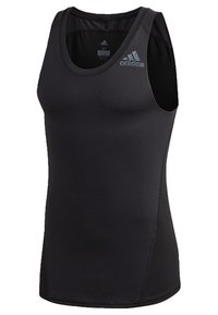Débardeur de sport noir en tissu léger et extensible. Comprend un col rond et des panneaux latéraux en maille pour la respirabilité. Logo Adidas sur le devant.